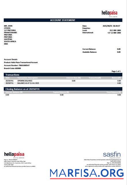 Downloadable South Africa Hellopaisa account statementword template